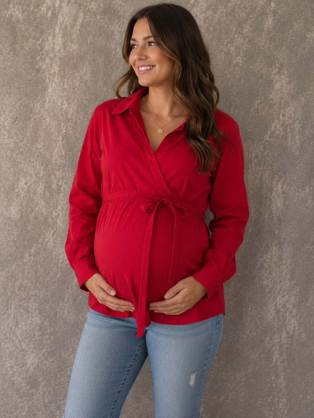 Motherhood Maternity Red Faux Wrap Tie-Front Long Sleeve Blouse